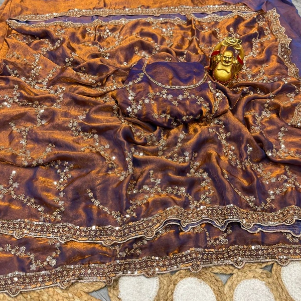 W78294 Bollywood inspired Grand party wear saree in original gold beeds work - copper