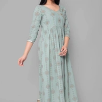 Stylish Cotton  Embellished Round Neck Long Kurta - Grey, S