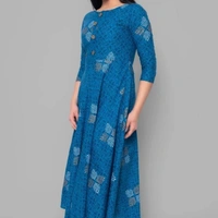 Stylish Cotton  Embellished Round Neck Long Kurta - Blue,  XL