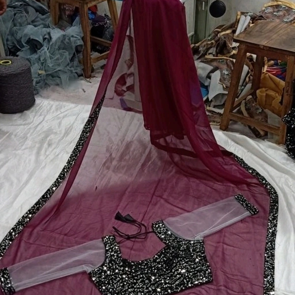 Trendy Designer Georgette Saree - Wine, Free size 