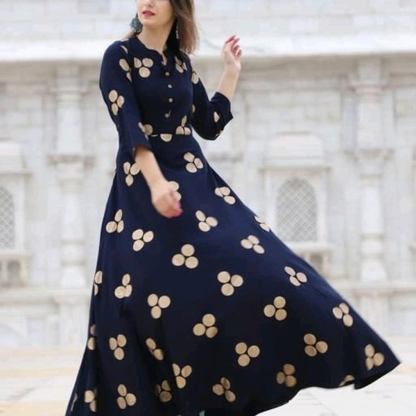 Women's Printed Rayon Anarkali Kurti - Navy blue, M