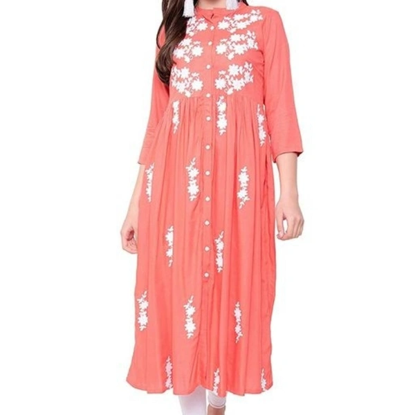 Stylish White Embroidered Flared Kurta - Coral, L
