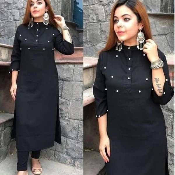 Women's Solid Cotton Kurta Set With Pant - Black, M