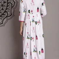 Women's Printed White Rayon Kurti - White & Pink , S