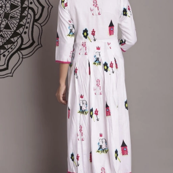 Women's Printed White Rayon Kurti - White & Pink , S