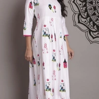 Women's Printed White Rayon Kurti - White & Pink , S