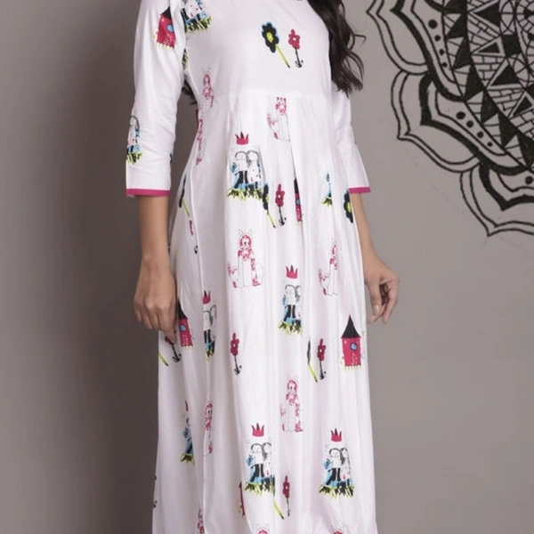 Women's Printed White Rayon Kurti - White & Pink , S