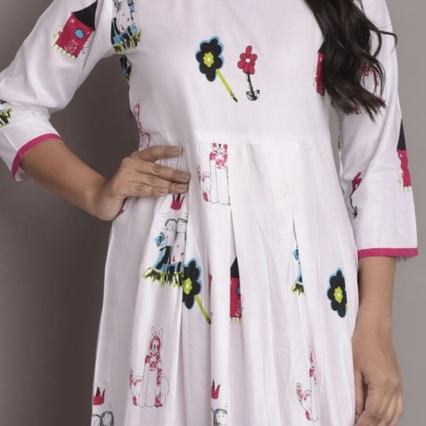 Women's Printed White Rayon Kurti - White & Pink , M