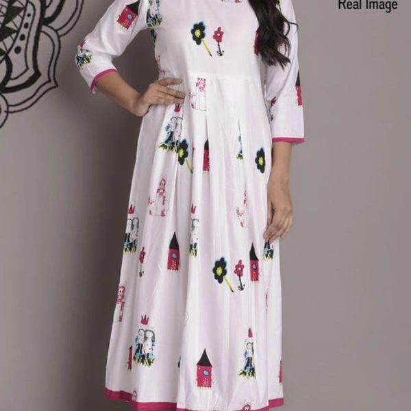 Women's Printed White Rayon Kurti - White & Pink , L