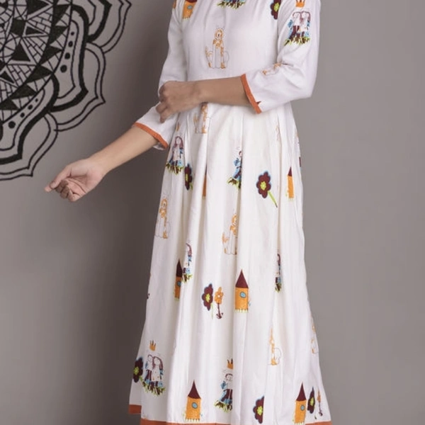 Women's Printed White Rayon Kurti - White & Orange , S