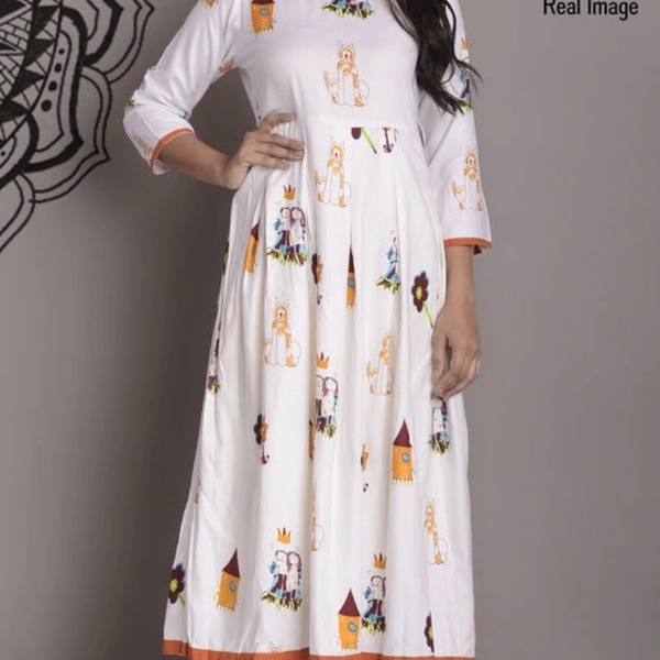 Women's Printed White Rayon Kurti - White & Orange , L