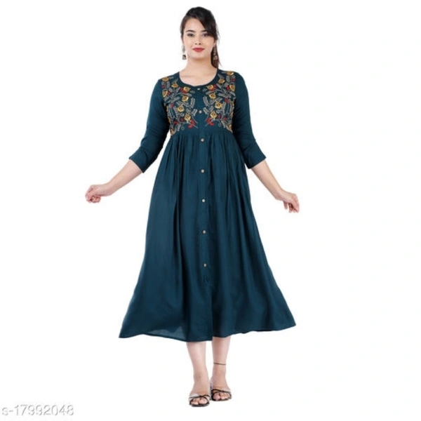 Women Rayon Embroidered Anarkali Kurta  - Peacock , M
