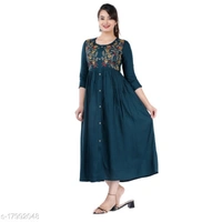 Women Rayon Embroidered Anarkali Kurta  - Peacock , M