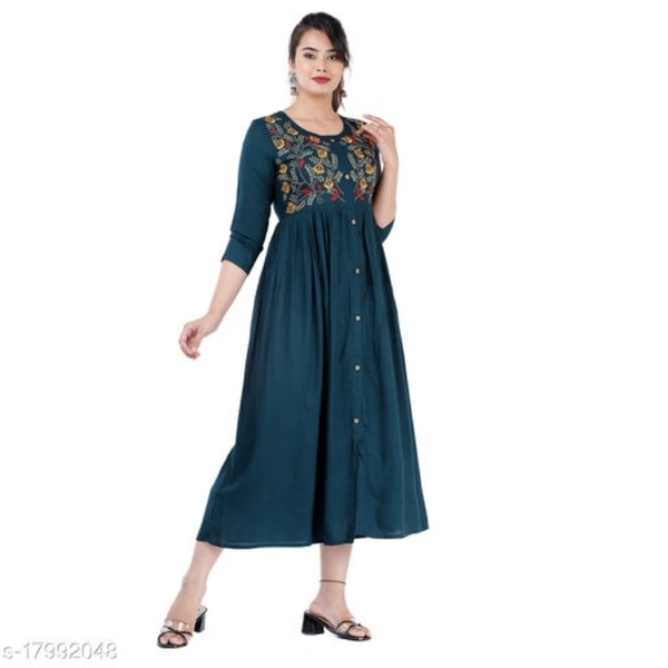 Women Rayon Embroidered Anarkali Kurta  - Peacock , XXL 
