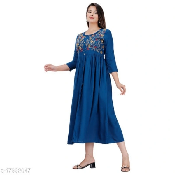 Women Rayon Embroidered Anarkali Kurta  - Indigo, S