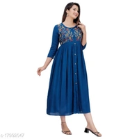 Women Rayon Embroidered Anarkali Kurta  - Indigo, M