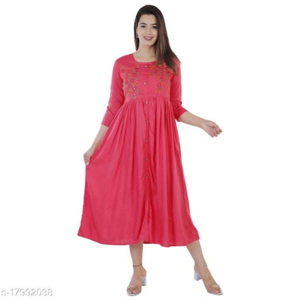 Women Rayon Embroidered Anarkali Kurta  - Ruby, L