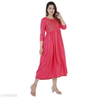 Women Rayon Embroidered Anarkali Kurta  - Ruby, L