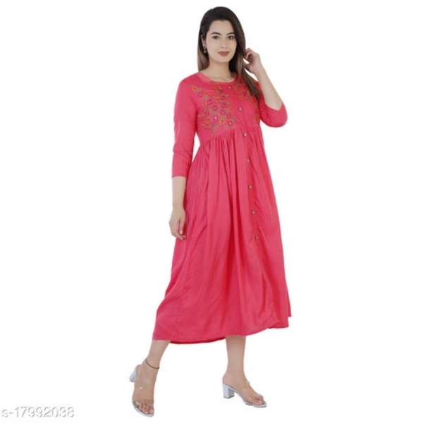 Women Rayon Embroidered Anarkali Kurta  - Ruby, L