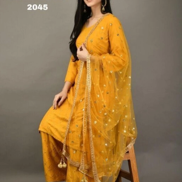 Women Rayon A-line Embroidered Long Kurti With Palazzo  - XL, Yellow 