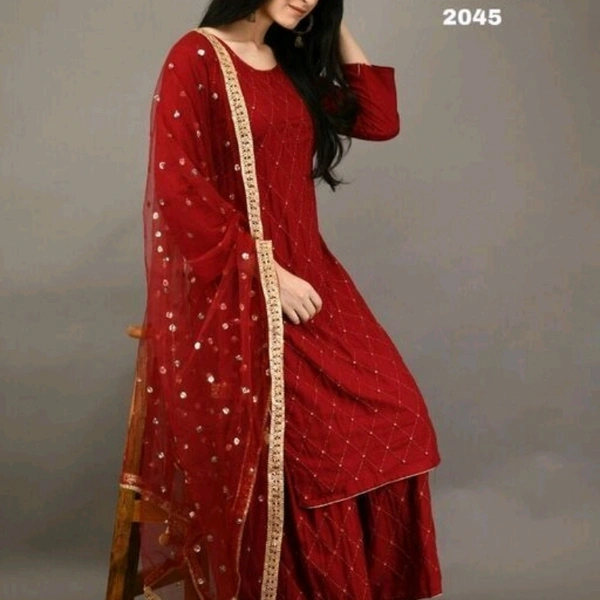 Women Rayon A-line Embroidered Long Kurti With Palazzo  - Maroon , L