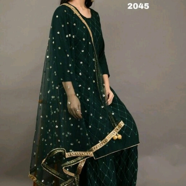 Women Rayon A-line Embroidered Long Kurti With Palazzo  - Dark green , XL