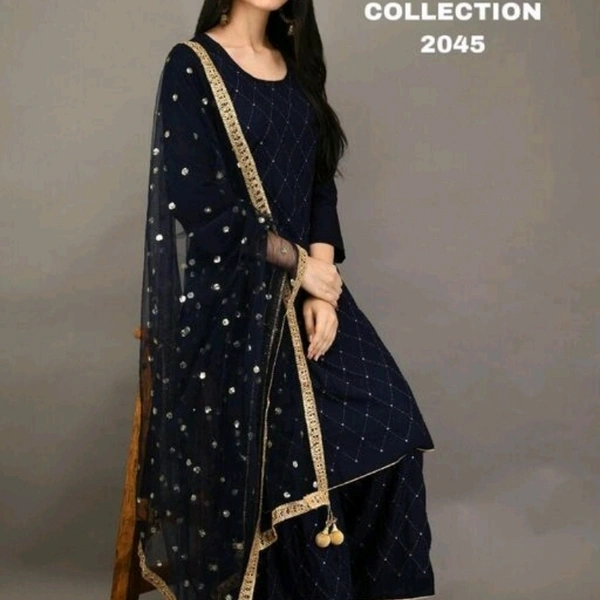 Women Rayon A-line Embroidered Long Kurti With Palazzo  - Black, XXL 
