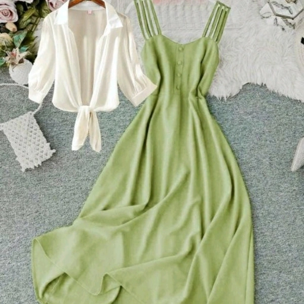 Fashionable Women Dress With Shirt - Olive , L