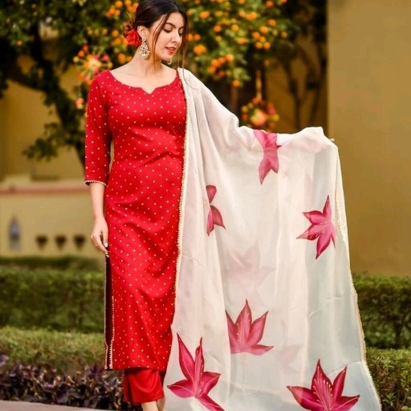 Graceful Women Kurta Set - Red & White , XL