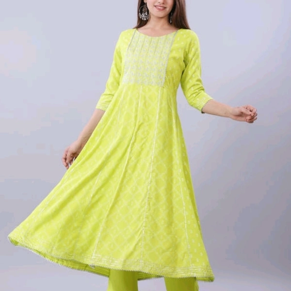 Women Rayon Lime Kurta With Dupatta And Pant - L