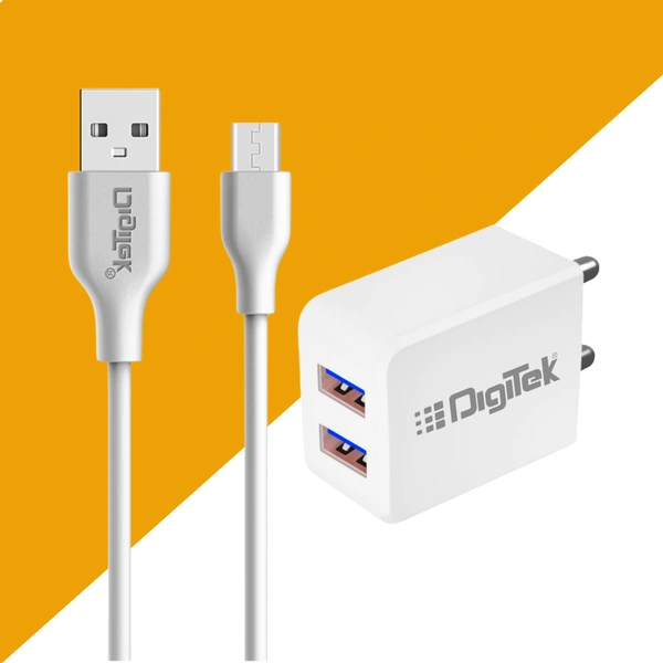 DIGITEK 3.1 Amp Dual Micro USB Charger with Cable, Fast Charging Adapter, Micro Charging Support, Universal Compatible with Smartphones, White