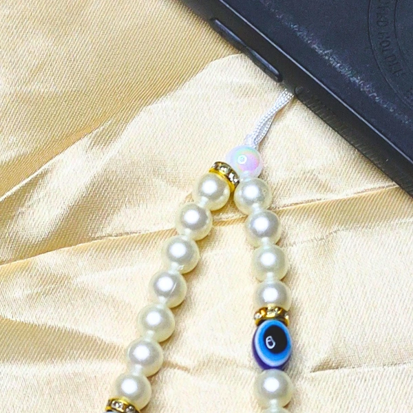 Customized Evil Eye Beaded Phone Charm, Off-White and Golden Beads, 3 Evil Eye Charms, Unique Accessory, Lightweight, Durable