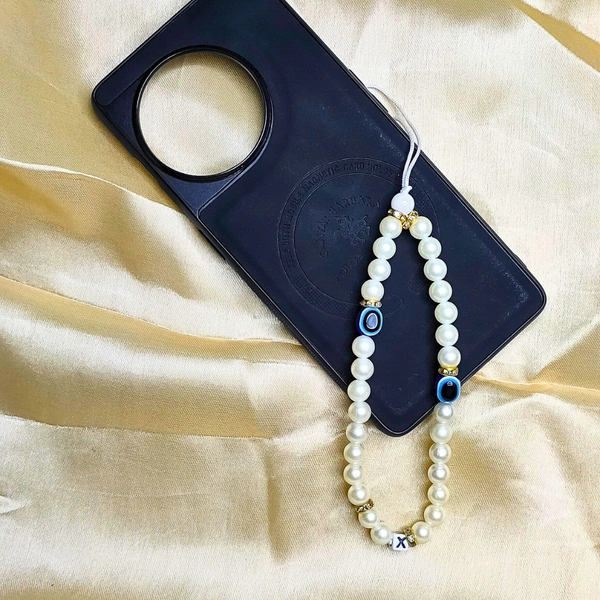 Customized Evil Eye Premium Quality Beaded Phone Charm, Off-White and Golden Beads, 2 Evil Eye Charms, Letter Charms, Stylish Accessory, Lightweight, Durable