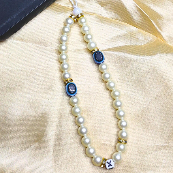 Customized Evil Eye Premium Quality Beaded Phone Charm, Off-White and Golden Beads, 2 Evil Eye Charms, Letter Charms, Stylish Accessory, Lightweight, Durable