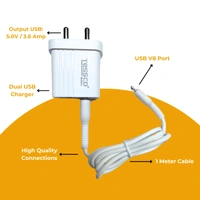 TESSCO 3.6 Amp Dual Micro USB Charger with Cable, Fast Charging Adapter, Micro Charging Support, Universal Compatible with Smartphones, White