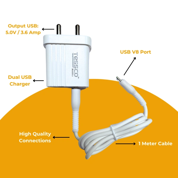 TESSCO 3.6 Amp Dual Micro USB Charger with Cable, Fast Charging Adapter, Micro Charging Support, Universal Compatible with Smartphones, White
