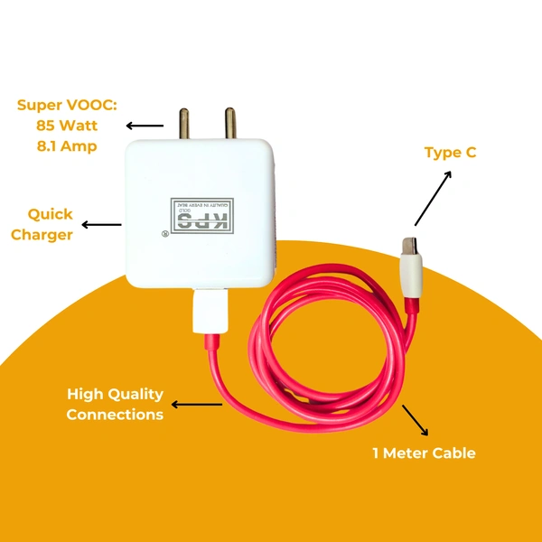 KPS GOLD 85W Super VOOC Fast Travel Charger, 8.1A USB Port, Warp & Dash Charging Compatible, High-Speed Durable Charger, Compatible with Fast Charging Supporting Smartphones, White