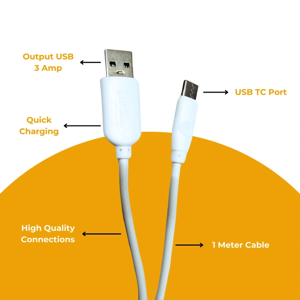 KPS 3 Amp 1m Type-C USB Cable for Smartphones, Tablets & Other Type-C Devices, High-Speed Data Sync, Quick Charge 3.0, KP-413, White
