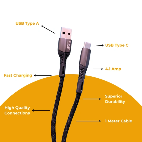 KPS 4.1 Amp Quick Charging 1m Type C Data Cable for Smartphones, Tablets & Other Type C Devices, Durable Design, Compatible with USB 2.0, KP-514, Black