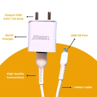 TESSCO 2.6  Amp Single USB Charger with Micro USB Cable, Fast Charging Adapter, Universal Compatibility for All Smartphones, BC-206 PRO, White