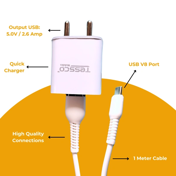 TESSCO 2.6  Amp Single USB Charger with Micro USB Cable, Fast Charging Adapter, Universal Compatibility for All Smartphones, BC-206 PRO, White