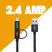 ADATA 2 in 1 2.4 Amp Micro USB & Type C Data Cable, Universal Compatibility for Smartphones, Tablets & Other Devices, ADP2C-C20B, Black 