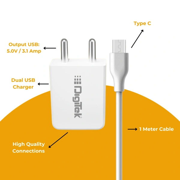 DIGITEK 3.1 Amp Dual Type C Charger with Cable, Fast Charging Adapter, Type C Charging Support, Universal Compatible with Smartphones, White