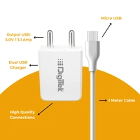DIGITEK 3.1 Amp Dual Micro USB Charger with Cable, Fast Charging Adapter, Micro Charging Support, Universal Compatible with Smartphones, White