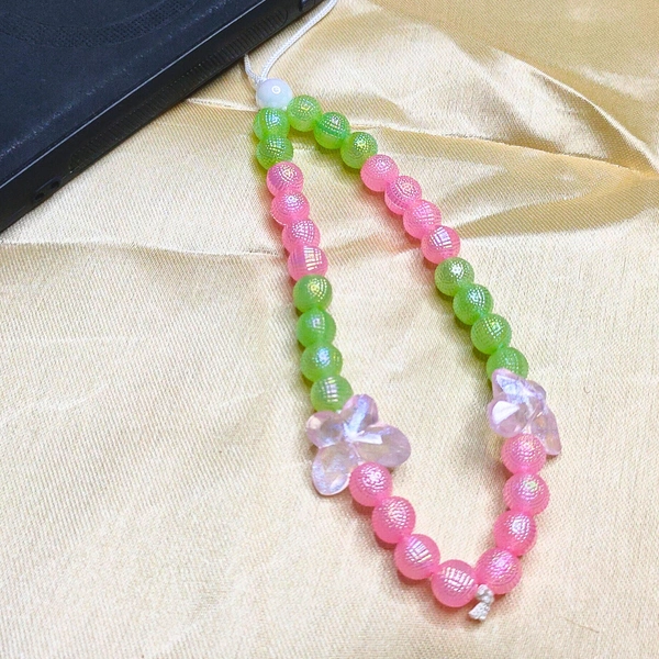Pink and Green Premium Quality Beaded Phone Charm, 2 Butterfly Charms, Stylish Accessory, Lightweight, Durable