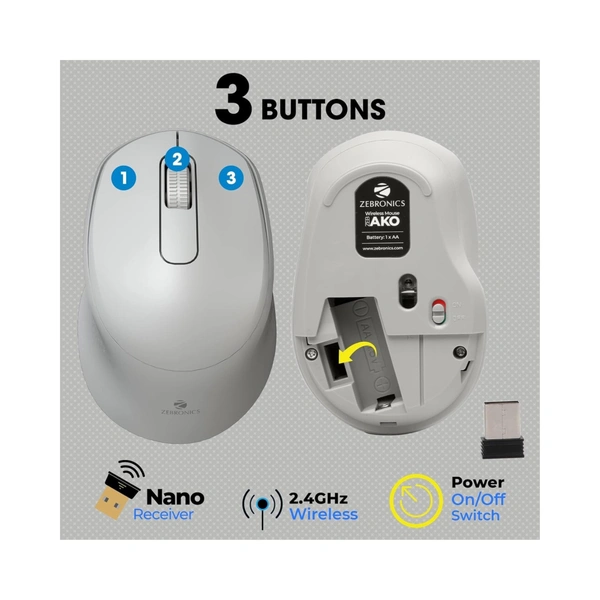ZEBRONICS ZEB-AKO Wireless Mouse, 2.4GHz with USB Nano Receiver, High Precision Optical Tracking, 3 Buttons, Silent Clicks, Plug & Play, for PC/Mac/Laptop (Grey)