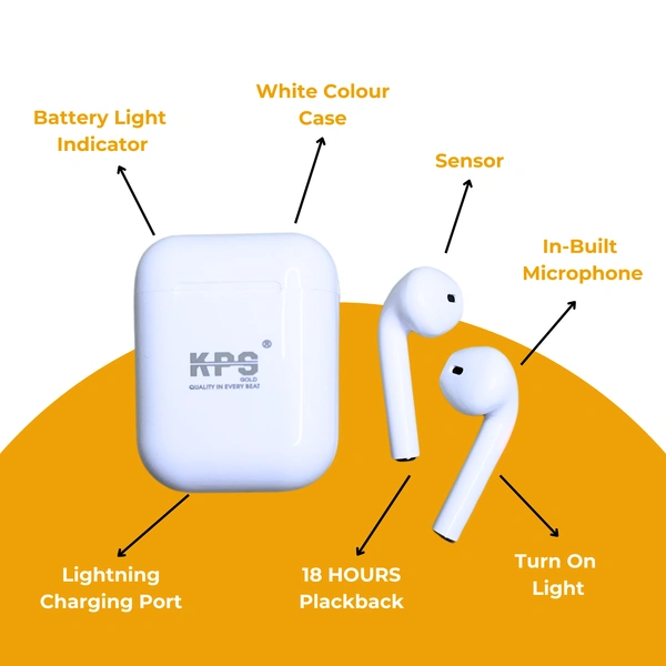 KPS TWS Wireless Headset K-44, 18H Music Time, Bluetooth v5.1, Noise Isolation, Touch Control, Hi-Fi Audio, Fast Charging, 10m Range, Compact Design, White