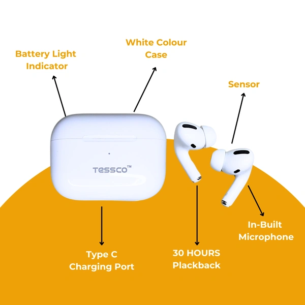 TESSCO True Wireless Earbuds IBUD-410, Bluetooth 5.0, 30H Playback, 350mAh Battery, 1.5H Case Charging, Sweat & Water Resistant, Seamless Switching, Touch Controls, 10m Transmission Range, White