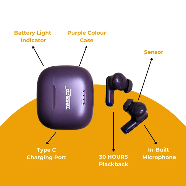 TESSCO IBUD-427 TWS Earbuds, Bluetooth 5.0, 30H Playback, 1000H Standby Time, HD Calls, Voice Assistant, Sweat & Water Resistant, Touch Control, 10m Range, Long Battery Life