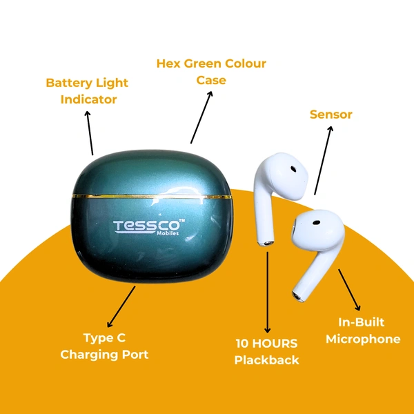 TESSCO True Wireless Earbuds IBUDS-415, Bluetooth 5.3, 10H Playback, 200H Standby, Sweat & Water Resistant, 15m Transmission, Touch Control, Compact Charging Case, 350mAh Battery Capacity, Hex Green